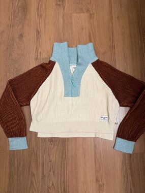 Urban Outfitters BDG Cream, Brown & Light Blue Colorblock Quarter-Zip Sweater
